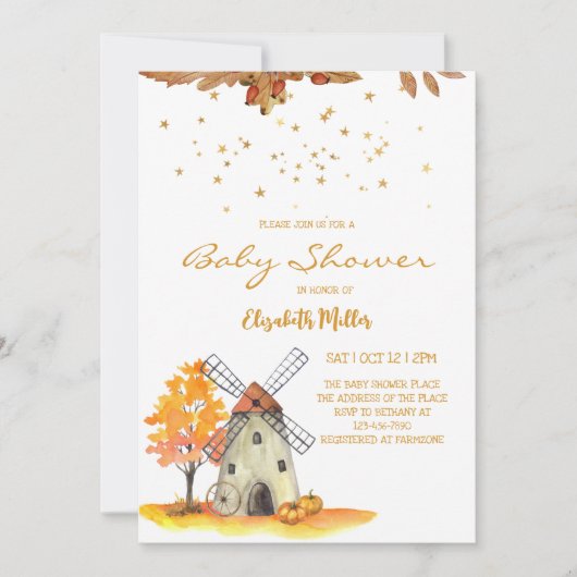 水彩秋の農場の赤男女兼用ちゃんシャワー 招待状 (正面)