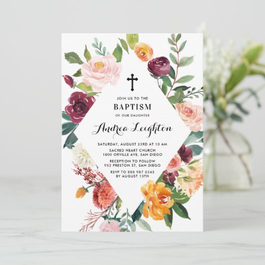 水彩秋の開花フローラフレームバプテスマ 招待状 (スタンド正面)