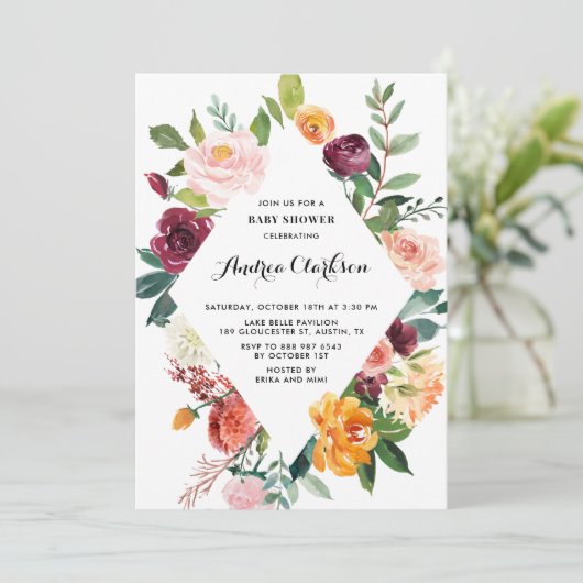 水彩秋の開花フローラフレーム赤ちゃんシャワー 招待状 (スタンド正面)