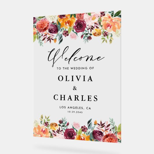 水彩秋の開花秋の結婚式へようこそ アクリルサイン (傾斜)