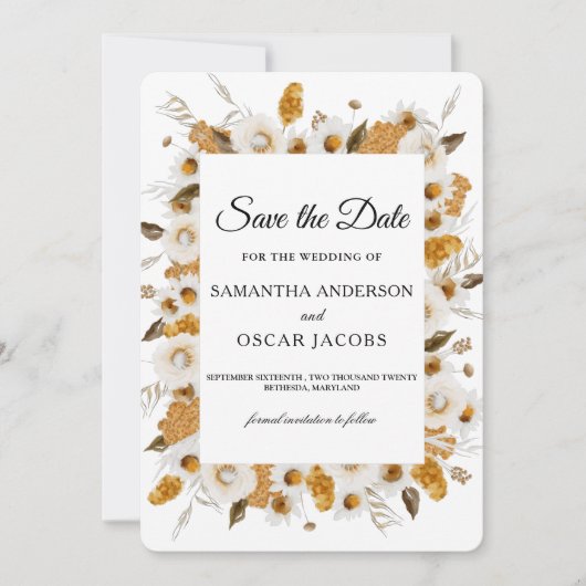 水彩秋の黄色と白のフローラ枠 セーブザデート (正面)