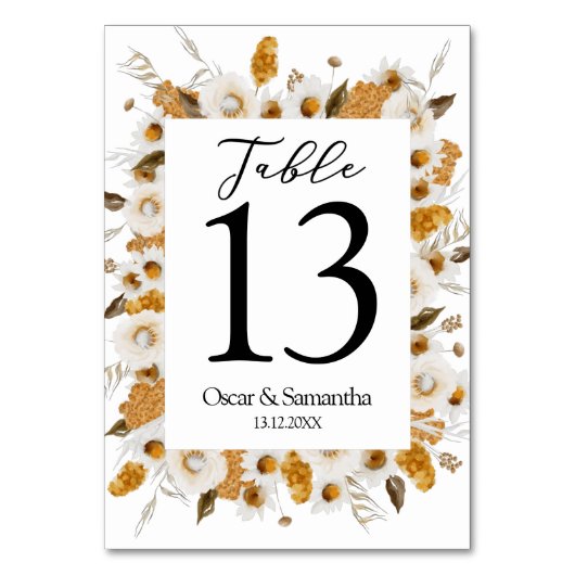 水彩秋の黄色と白のフローラ枠 テーブルナンバー (正面)
