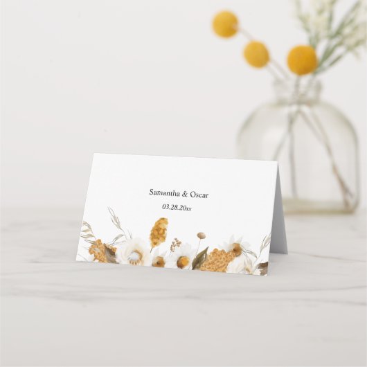 水彩秋の黄色と白のフローラ枠 プレイスカード (裏面)