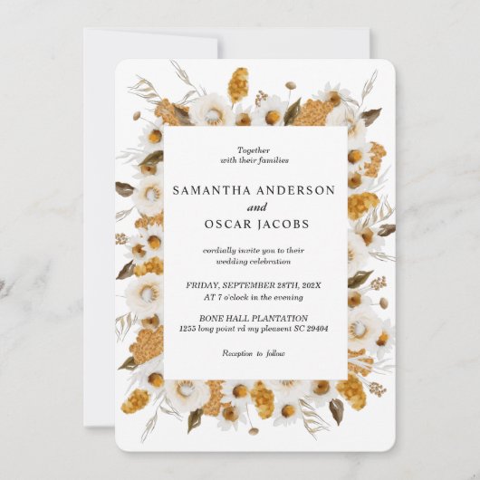 水彩秋の黄色と白のフローラ枠 招待状 (正面)