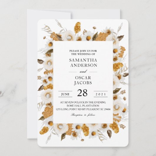 水彩秋の黄色と白のフローラ枠 招待状 (正面)