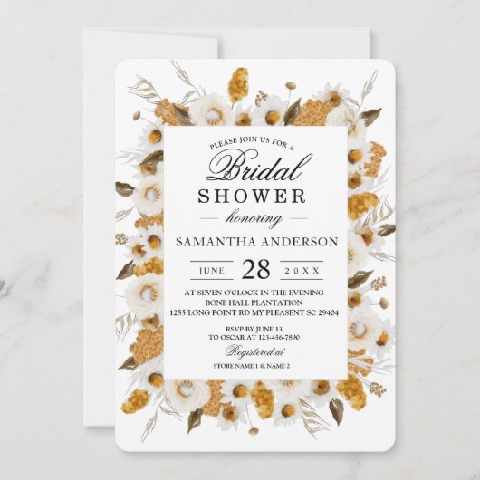 水彩秋の黄色と白のフローラ枠 招待状 (正面)