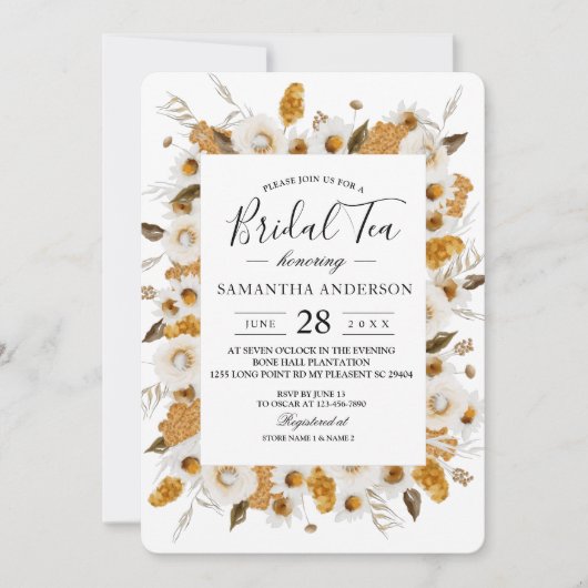 水彩秋の黄色と白のフローラ枠 招待状 (正面)