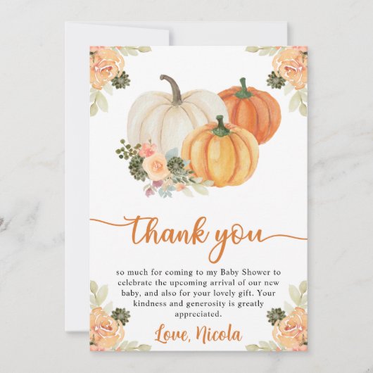 水彩秋カボチャとサボテンのベビーシャワー サンキューカード (正面)