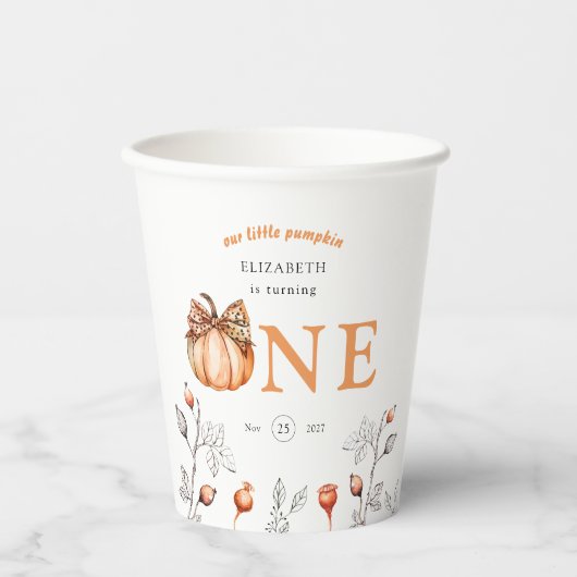 水彩秋カボチャ山花1st誕生日 紙コップ (正面)