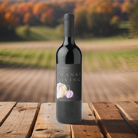 水彩秋カボチャ感謝祭ブラック ワインラベル