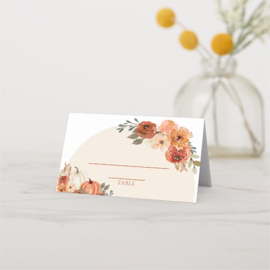 水彩秋カボチャ燃えオレンジ秋フローラ プレイスカード (正面)