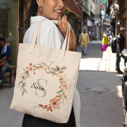 水彩秋ガーデンモノグラムキャンバス トートバッグ