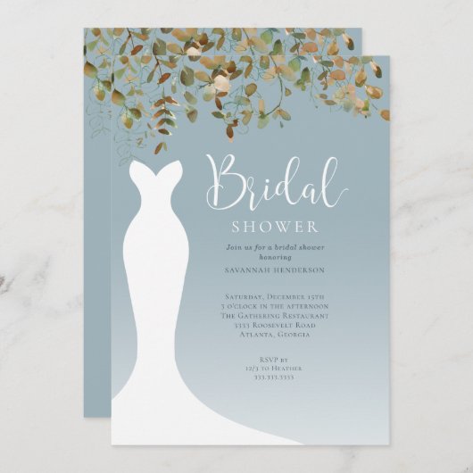 水彩秋グリーンリーダスティブルーブライダルシャワー 招待状 (正面/裏面)
