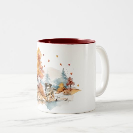 水彩秋ドッグデザイン – オーストラリアの羊飼い ツートーンマグカップ (正面右)