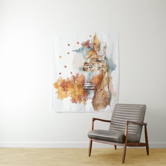 水彩秋ドッグデザイン – 秋田 タペストリー (インサイチュ)