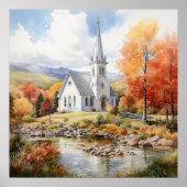 水彩秋バーモントチャーチバーモントアート ポスター (正面)