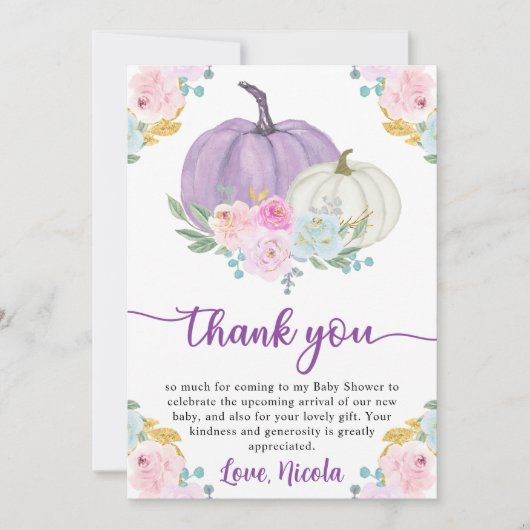 水彩秋パステルカラーパンプキンベビーシャワー サンキューカード (正面)