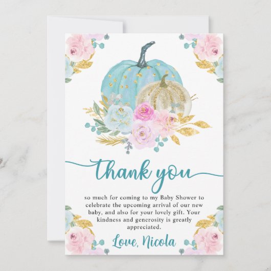 水彩秋パステルカラーパンプキンベビーシャワー サンキューカード (正面)
