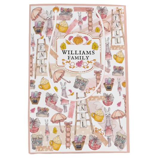 水彩秋パーソナライズされた感謝祭 ミディアムペーパーバッグ (正面)