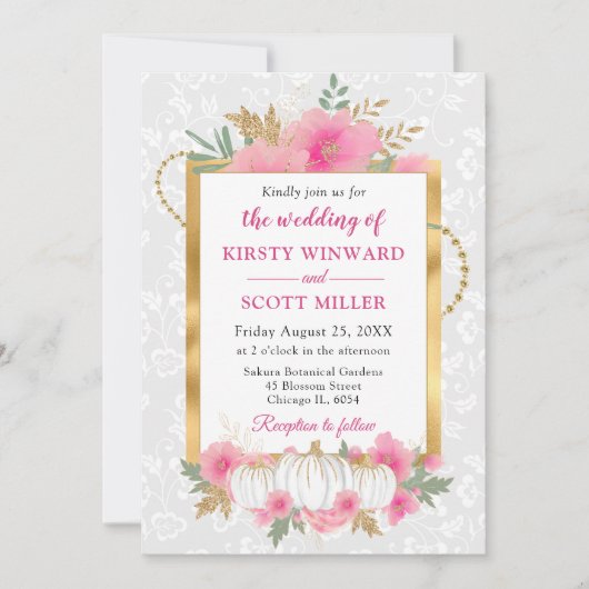 水彩秋ピンク&金ゴールドフローラパンプキン結婚ズ 招待状 (正面)