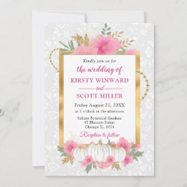 水彩秋ピンク&金ゴールドフローラパンプキン結婚ズ 招待状