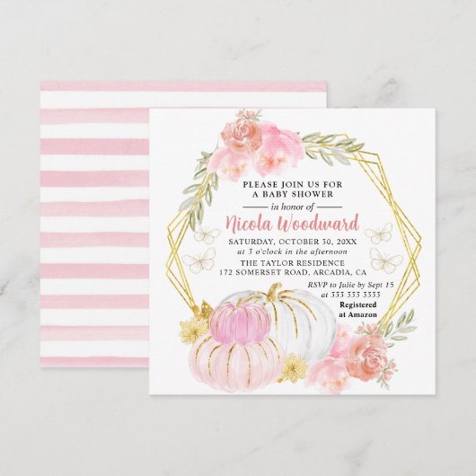 水彩秋フローラカボチャリースベビーシャワー 招待状 (正面/裏面)