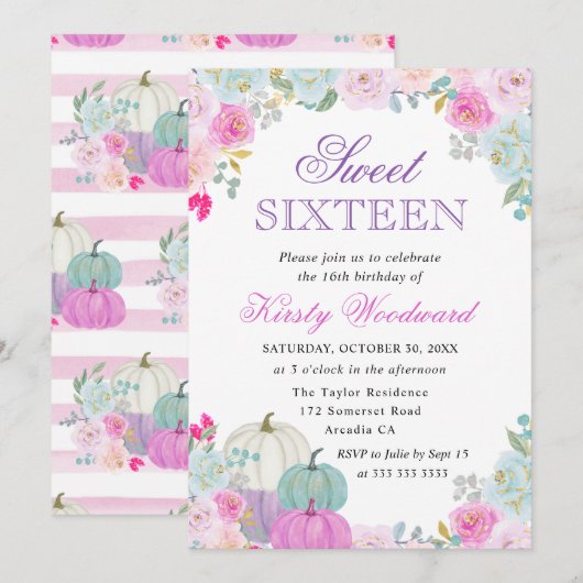 水彩秋フローラカボチャSweet sixteen 招待状 (正面/裏面)