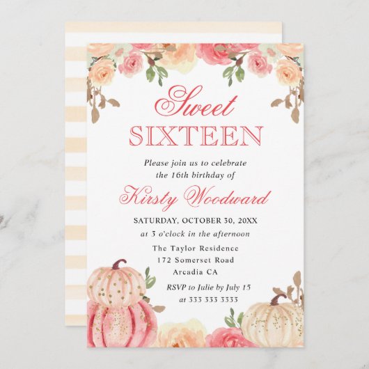 水彩秋フローラカボチャSweet sixteen 招待状 (正面/裏面)