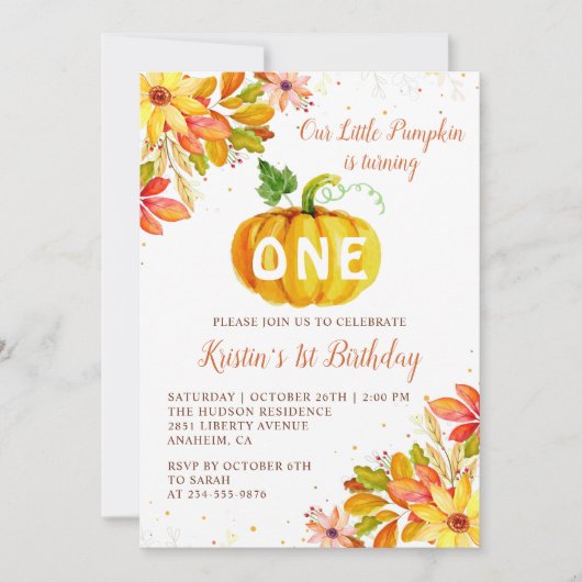 水彩秋フローラカボッキンオータム誕生日 招待状 (正面)