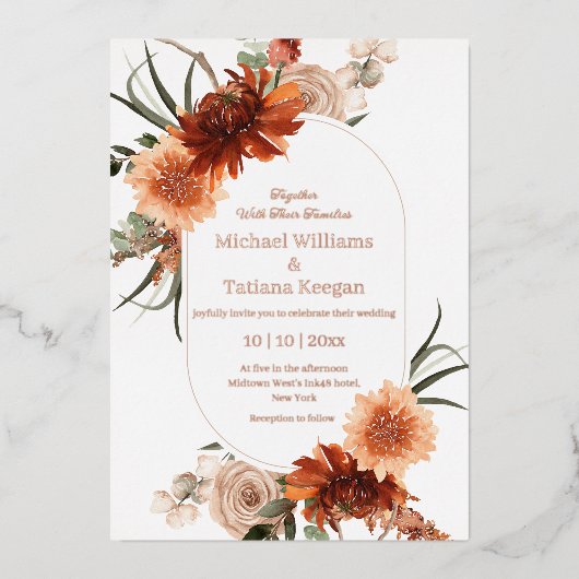 水彩秋フローラテラコッタ結婚ズ 箔招待状 (正面)
