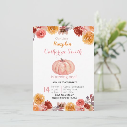 水彩秋フローラパンプキン1日目の誕生日 招待状 (スタンド正面)