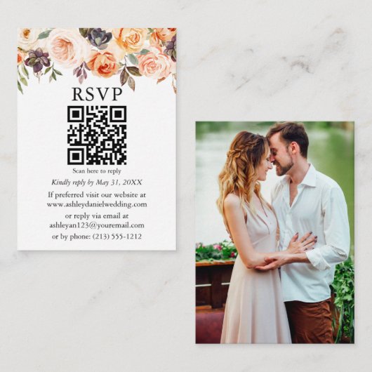 水彩秋フローラ写真結婚のQR RSVP エンクロージャーカード (正面/裏面)