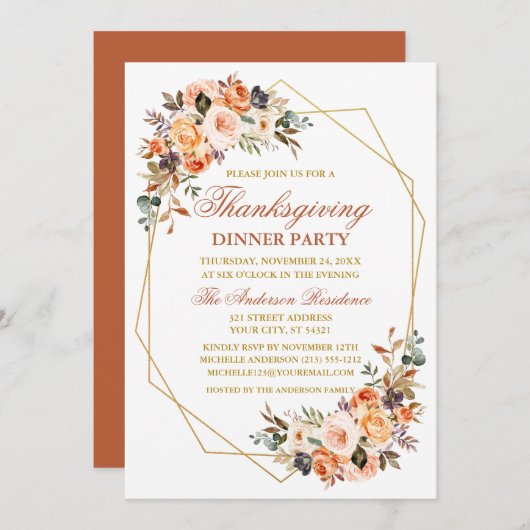 水彩秋フローラ感謝祭パーティー 招待状 (正面/裏面)