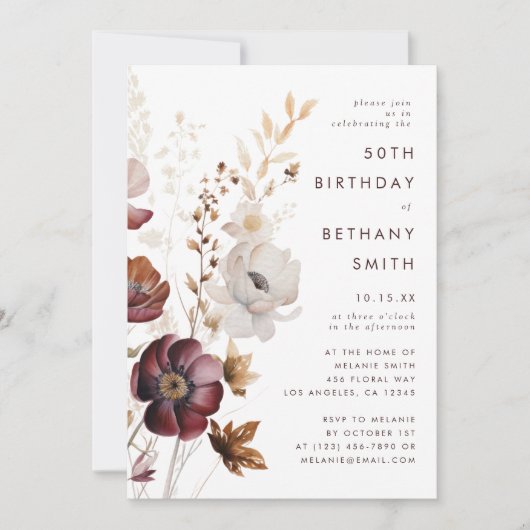 水彩秋フローラ誕生日パーティー 招待状 (正面)