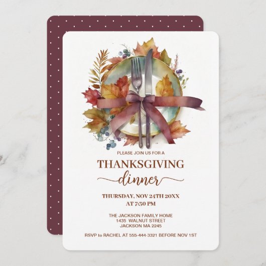 水彩秋プレートカトラリーサンクスギビングディナー 招待状 (正面/裏面)