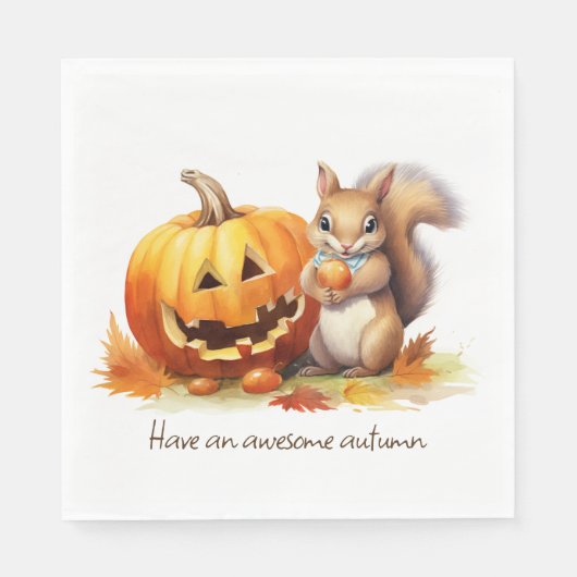 水彩秋リスとジャック・オ・ランタン スタンダードランチョンナプキン (正面)
