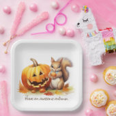 水彩秋リスとジャック・オ・ランタン ペーパープレート (パーティー)