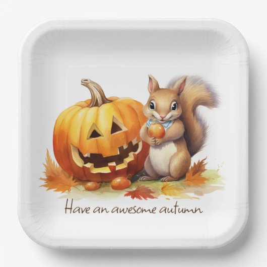 水彩秋リスとジャック・オ・ランタン ペーパープレート (正面)