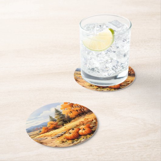 水彩秋ロードカボチャ落ちる離れ ラウンドペーパーコースター (インサイチュ)
