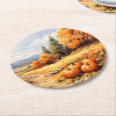 水彩秋ロードカボチャ落ちる離れ ラウンドペーパーコースター (アングル)