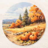 水彩秋ロードカボチャ落ちる離れ ラウンドペーパーコースター (正面)