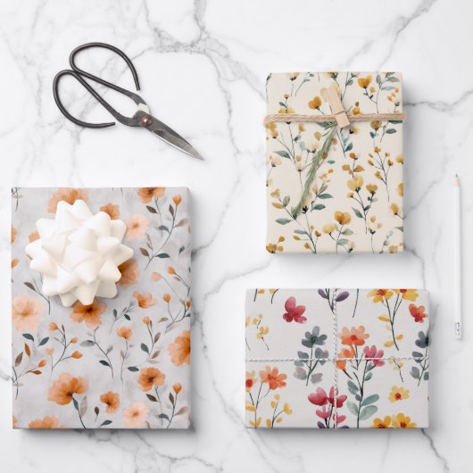 水彩秋ワイルドフラワーシンプルズフローラエレガント ラッピングペーパーシート (正面)