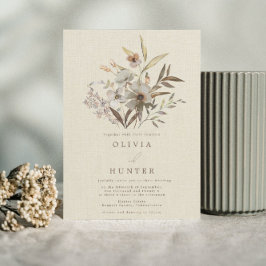 水彩秋ワイルドフラワーフェイクズリネン結婚ズ 招待状