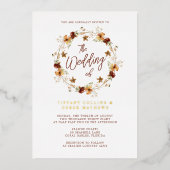水彩秋ワイルドフラワー結婚ズ金ゴールド 箔招待状 (正面)
