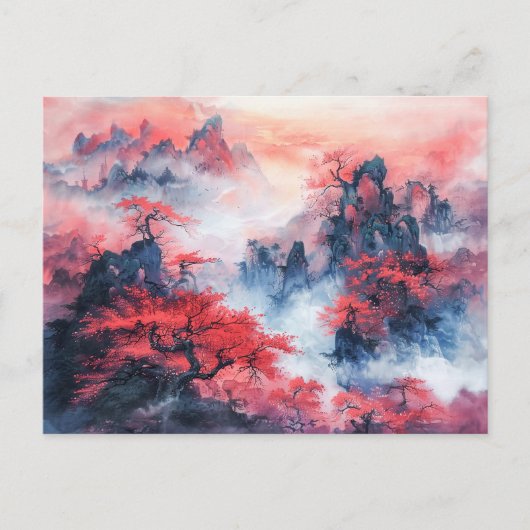 水彩秋中国のの山々を夕暮れ ポストカード (正面)