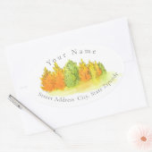 水彩秋季樹ラベル 楕円形シール (封筒)