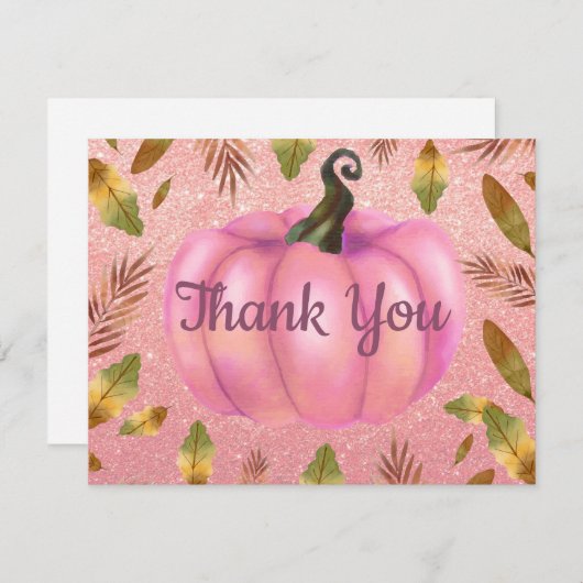 水彩秋日南瓜玫瑰金闪光粉 サンキューカード (正面/裏面)