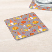 水彩秋格言、カボチャと葉スクエア スクエアペーパーコースター (アングル)