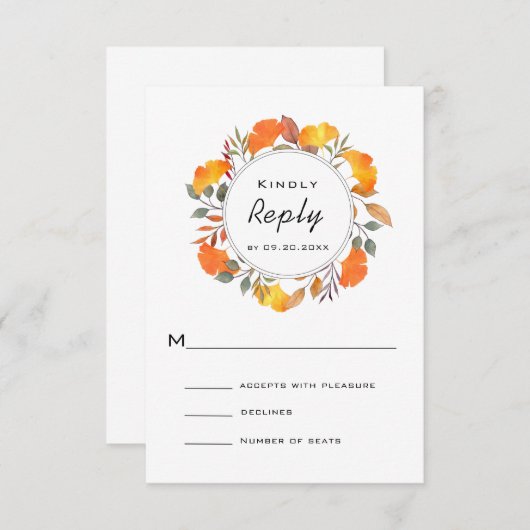 水彩秋秋リース結婚式RSVPカード 出欠カード (正面/裏面)