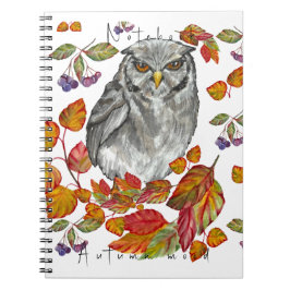 水彩秋美しいフクロウと葉の食料品b ノートブック